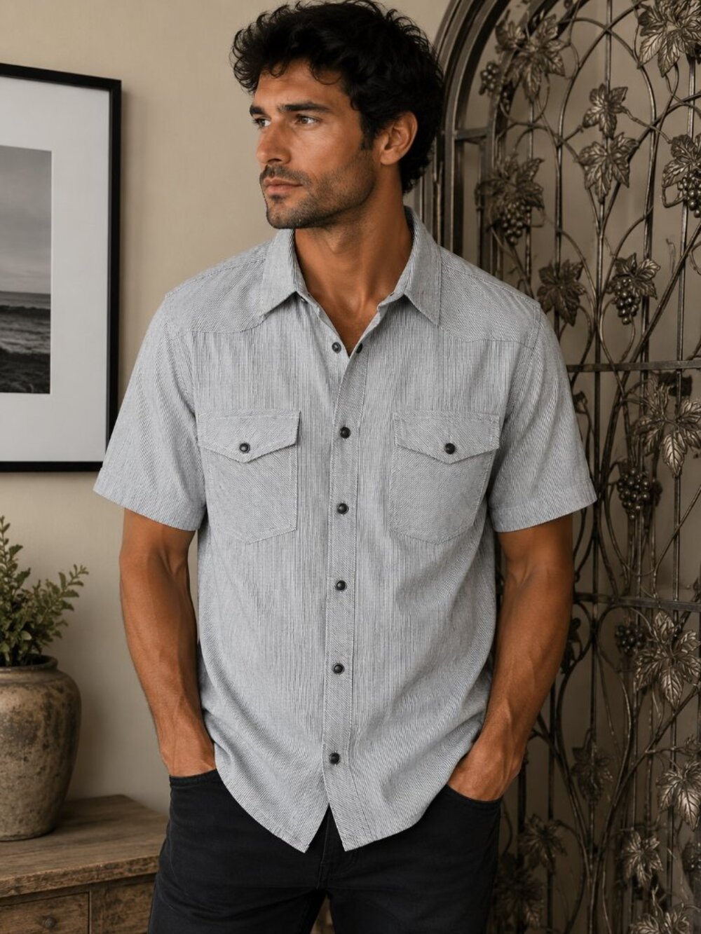 Men's BKE - White & Blue Pinstripe Short Sleeve Shirt - Athletic Fit - Size XL